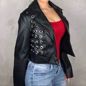 Black biker chic faux leather jacket coat winter fall silver ring design